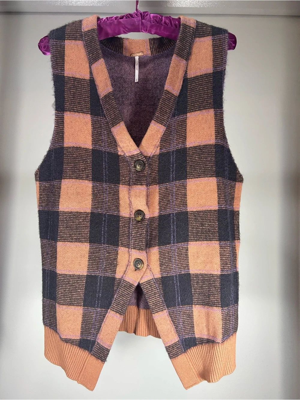 Free People Plaid Button Front Knit Sweater Vest Size XS